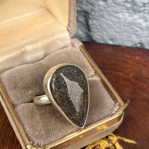 Vintage Black Sunstone Ring Adjustable Sterling womens jewelry WhimsyGoth